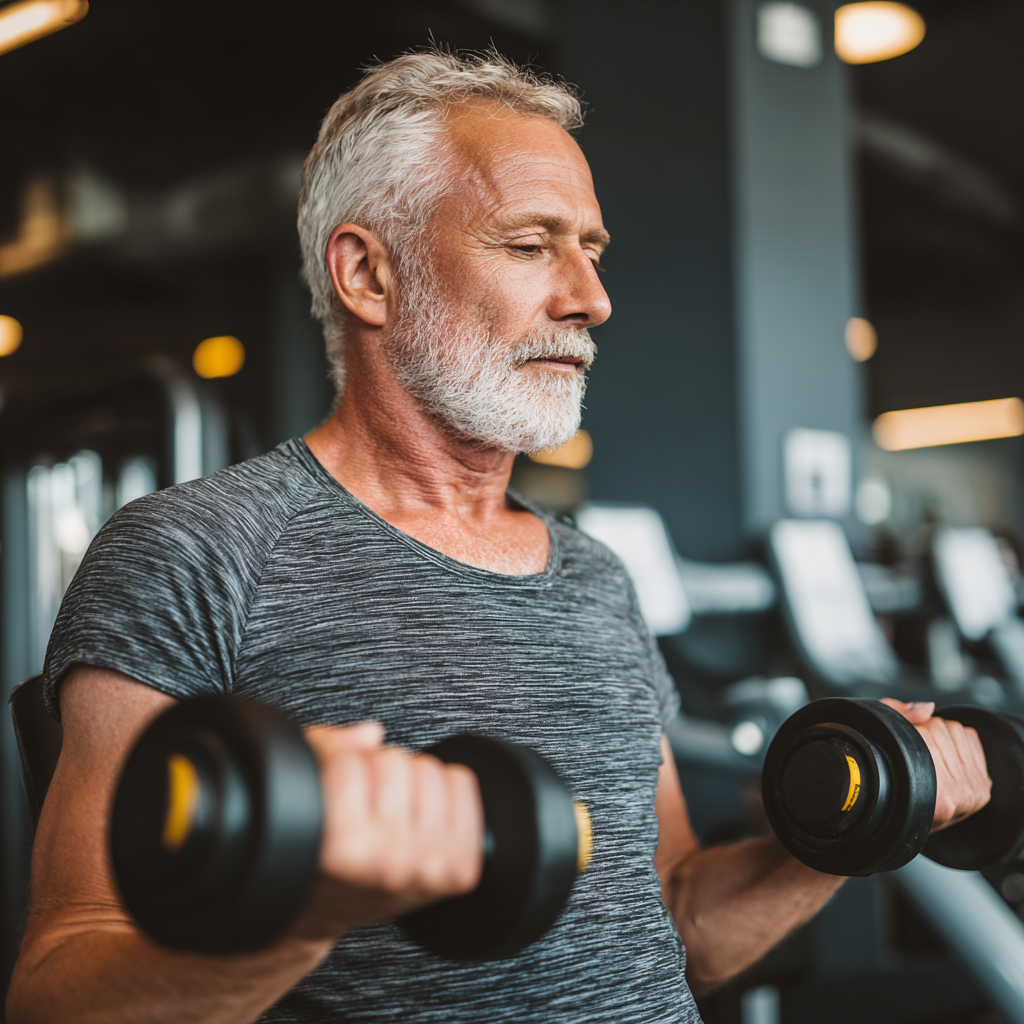 Mature adult engaging in strength training workout at modern fitness facility